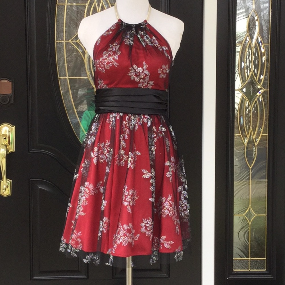 Red dress with sheer black sparkle  top layer